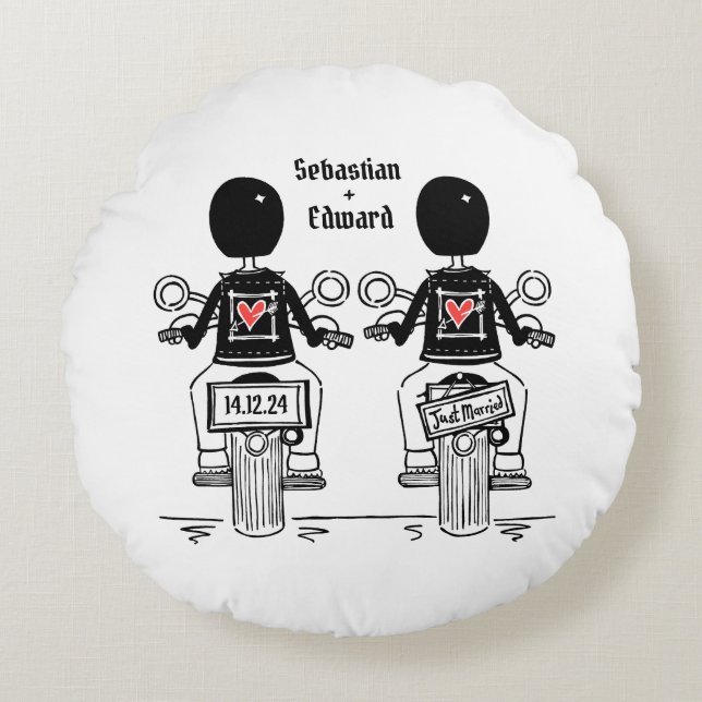 Two Grooms Biker Motorcycle Wedding Round Pillow (Front)