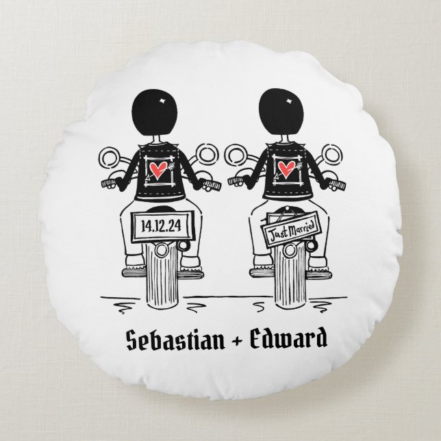 Two Grooms Biker Motorcycle Wedding Round Pillow (Front)