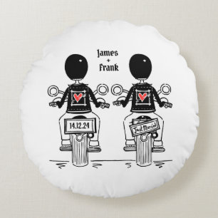 Two Grooms Biker Motorcycle Wedding Round Pillow