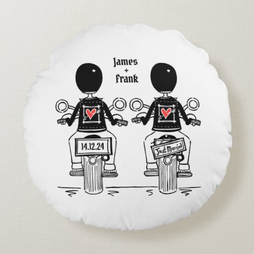 Two Grooms Biker Motorcycle Wedding Round Pillow
