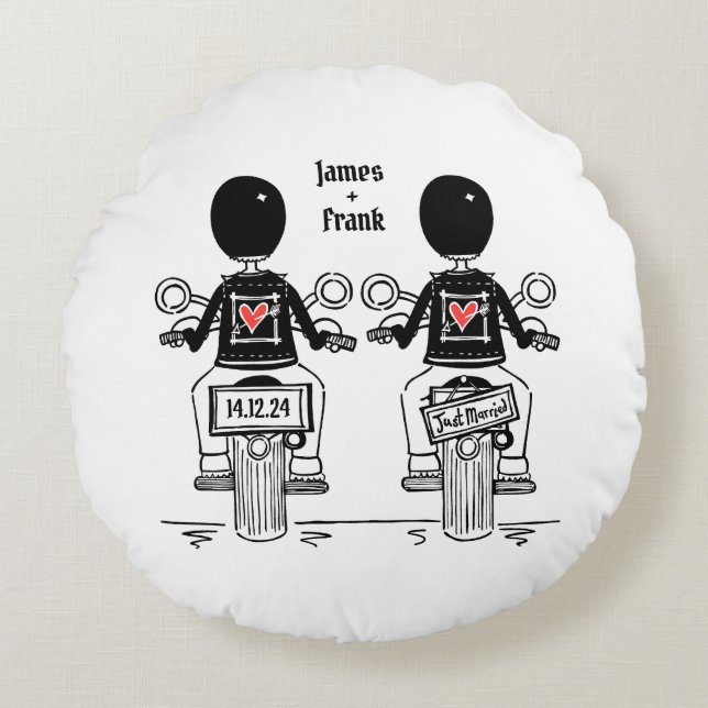 Two Grooms Biker Motorcycle Wedding Round Pillow (Front)