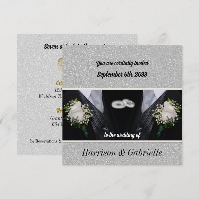 Two Grooms Black Tux Gay Wedding Invitation (Front/Back)