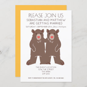 Two Grooms Cartoon Bear Wedding Gay Invitation