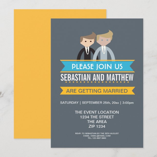 Two Grooms Cartoon Wedding Gay Themed Invitation (Front/Back)