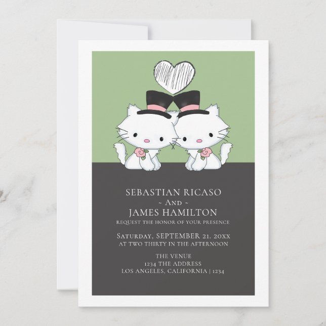 Two Grooms Cat Themed Gay Wedding Announcement (Front)