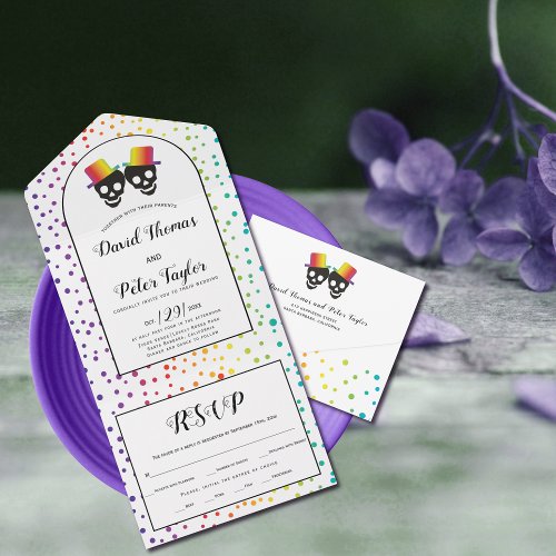 Two grooms confetti rainbow colors gay wedding all in one invitation