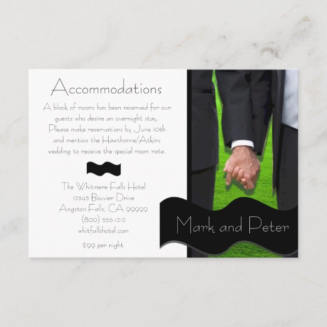Two Grooms Custom Gay Wedding Accommodations Cards (Front)