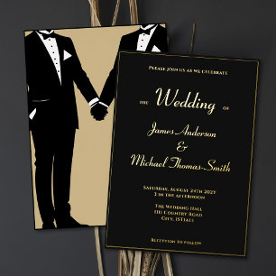 Two Grooms Elegant Black Gold Tuxedo Wedding Gold Foil Invitation