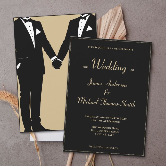 Two Grooms Elegant Black Gold Tuxedo Wedding Invitation (Creator Uploaded)