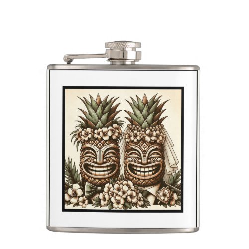 Two Grooms Gay Pineapple Tiki Head Retro Wedding  Flask