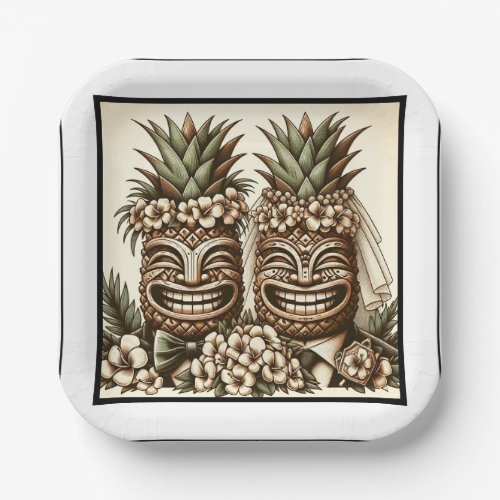 Two Grooms Gay Pineapple Tiki Head Retro Wedding  Paper Plates