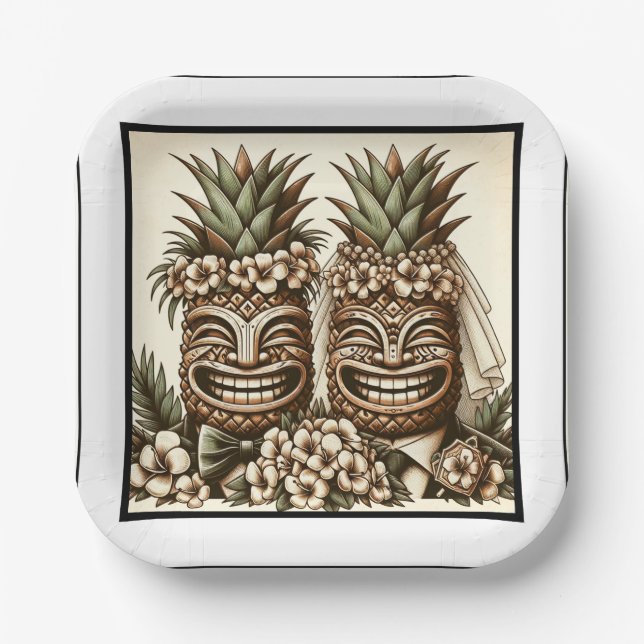 Two Grooms Gay Pineapple Tiki Head Retro Wedding  Paper Plates (Front)