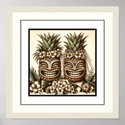 Two Grooms Gay Pineapple Tiki Head Retro Wedding  Poster