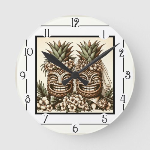 Two Grooms Gay Pineapple Tiki Head Retro Wedding  Round Clock