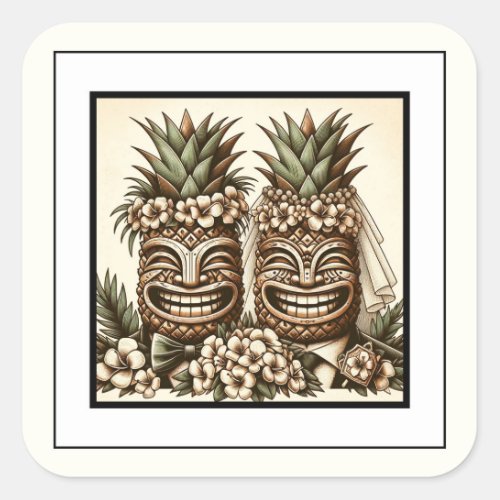 Two Grooms Gay Pineapple Tiki Head Retro Wedding  Square Sticker