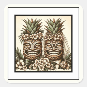 Two Grooms Gay Pineapple Tiki Head Retro Wedding  Square Sticker