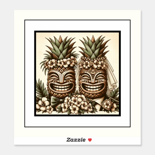 Two Grooms Gay Pineapple Tiki Head Retro Wedding  Sticker