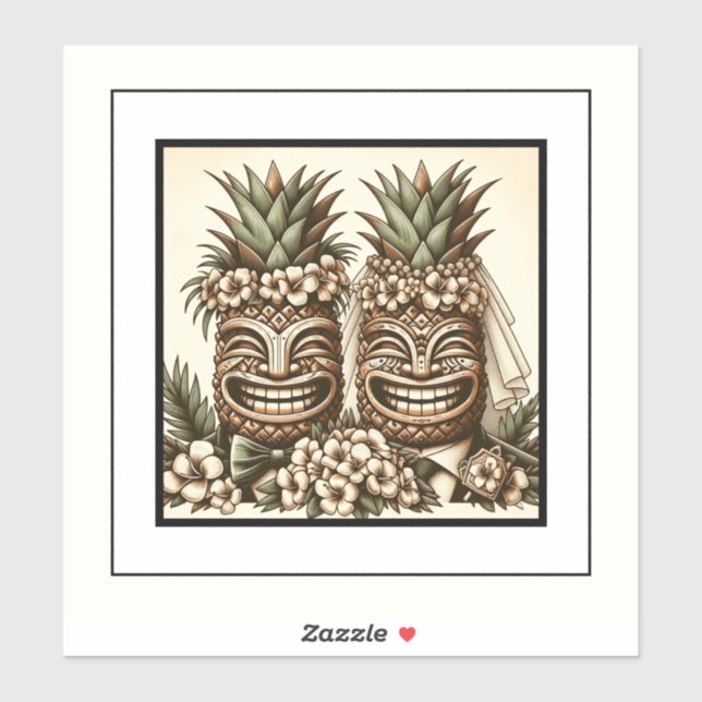 Two Grooms Gay Pineapple Tiki Head Retro Wedding  Sticker (Sheet)