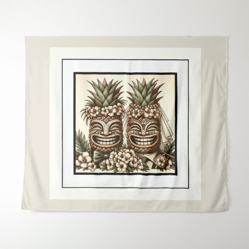 Two Grooms Gay Pineapple Tiki Head Retro Wedding  Tapestry
