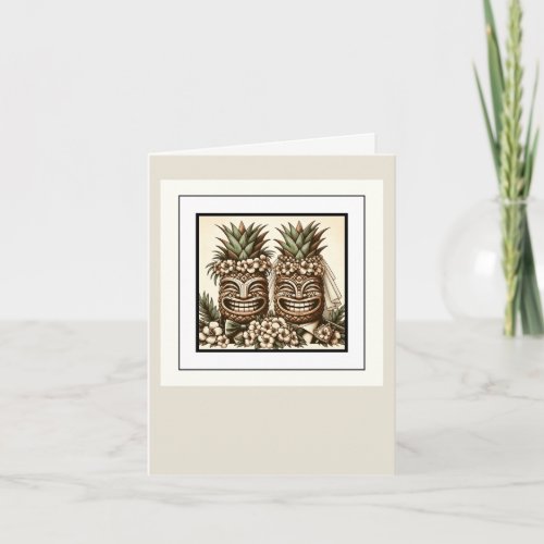 Two Grooms Gay Pineapple Tiki Head Retro Wedding  Thank You Card