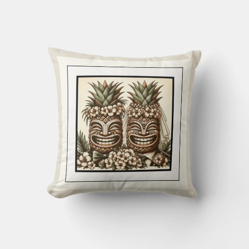 Two Grooms Gay Pineapple Tiki Head Retro Wedding  Throw Pillow