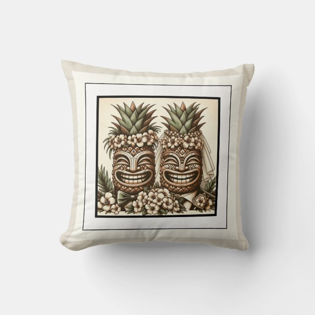 Two Grooms Gay Pineapple Tiki Head Retro Wedding  Throw Pillow (Front)