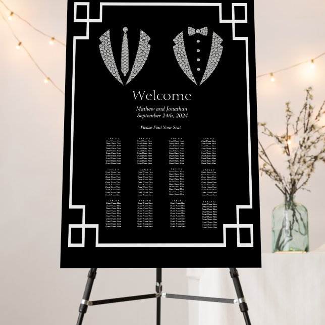 Two Grooms Gay Tuxedo Wedding Seating Chart Foam Board (In Situ (Stand))