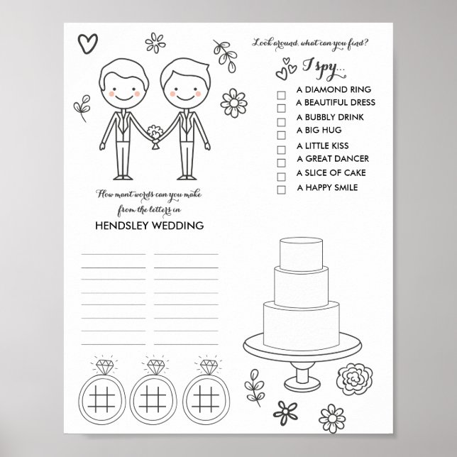 Two Grooms gay Wedding Coloring and Activity Page Poster (Front)