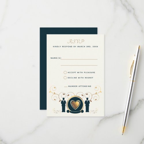 Two Grooms Gold Heart Cream Blue LGBTQ Wedding RSVP Card