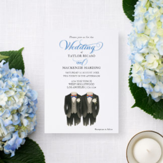 Two grooms in Rainbow Ties Gay Wedding Letterpress Photo Cards
