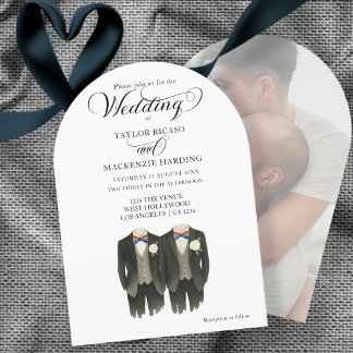 Two grooms in Rainbow Ties Gay Wedding photo Invitation