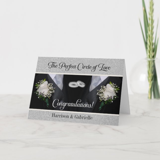 Two Grooms in Tuxes Gay Wedding Congratulations Card (Front)