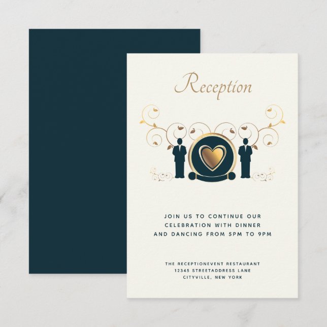 Two Grooms Male Wedding Cream Blue LGBTQ Reception Enclosure Card (Front/Back)