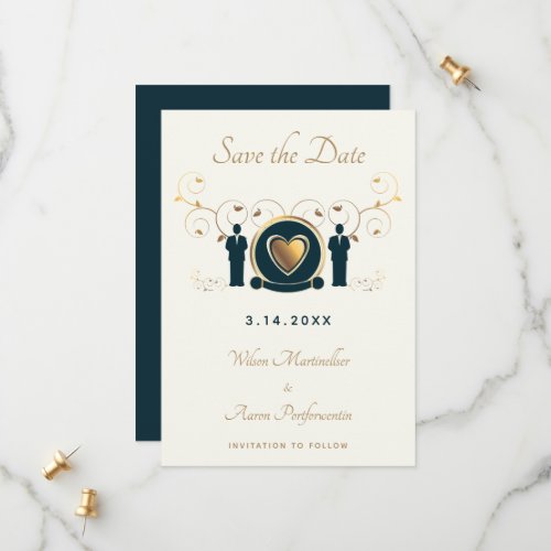 Two Grooms Male Wedding Cream Brown Blue LGBTQ Save The Date
