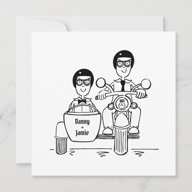 Two Grooms Motorbike and Sidecar Wedding Invitation (Front)