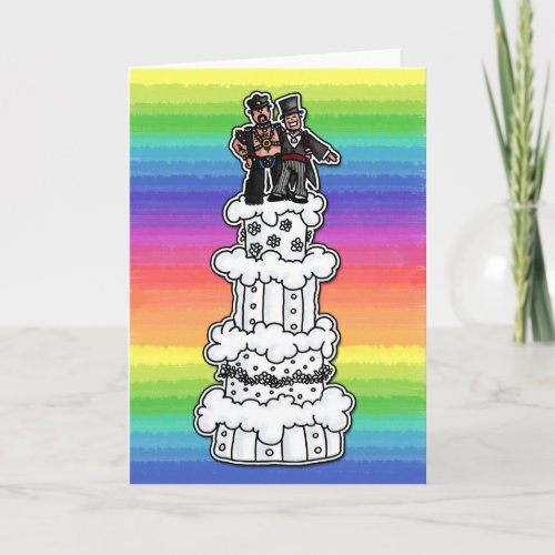 Two Grooms on Rainbow Wedding Cake Leather Daddy Card