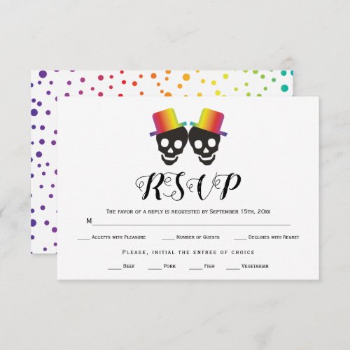 Two grooms rainbow colors confetti gay wedding RSVP card