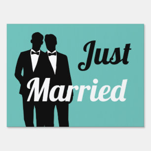 Two Grooms Silhouette Just Married Editable Text Sign