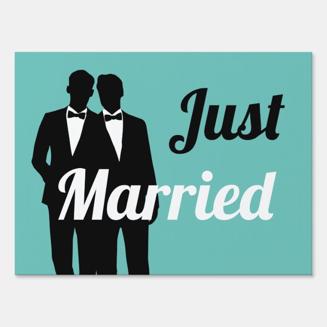 Two Grooms Silhouette Just Married Editable Text Sign (Front)