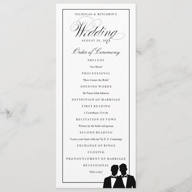 Two Grooms Silhouettes Bow Tie Gay Wedding Program (Front)