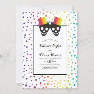 Two grooms skulls and confetti gay wedding invitation