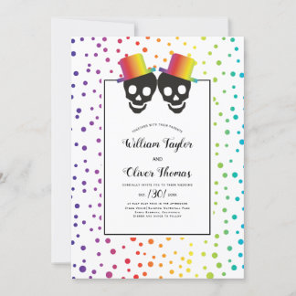 Two grooms skulls and confetti gay wedding invitation