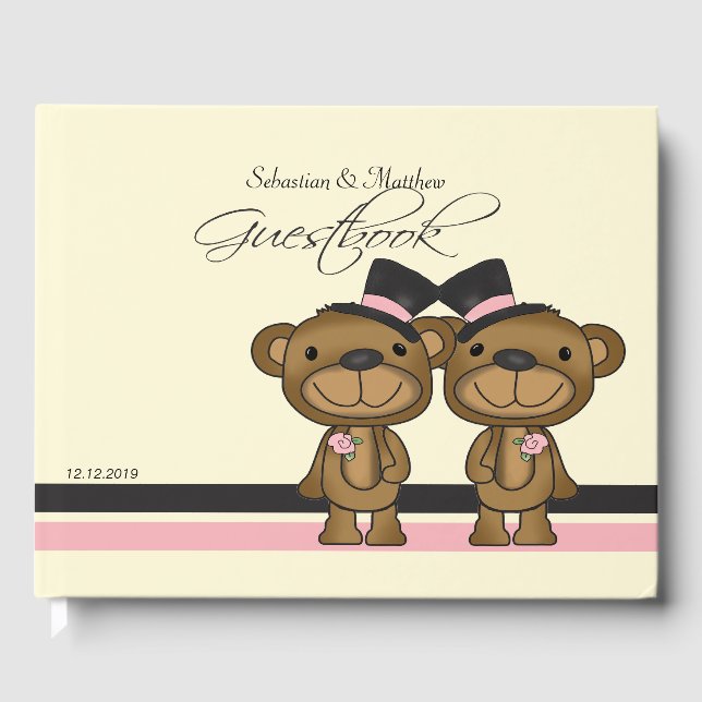 Two Grooms Teddy Bears Gay Wedding Custom Guest Book (Front)
