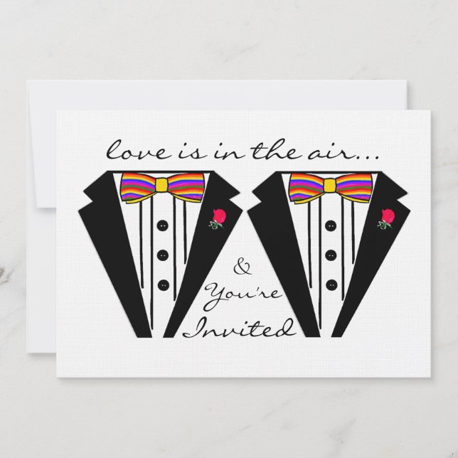 Two Grooms Wedding Tuxedo With Rainbow Bow Tie Invitation (Front)