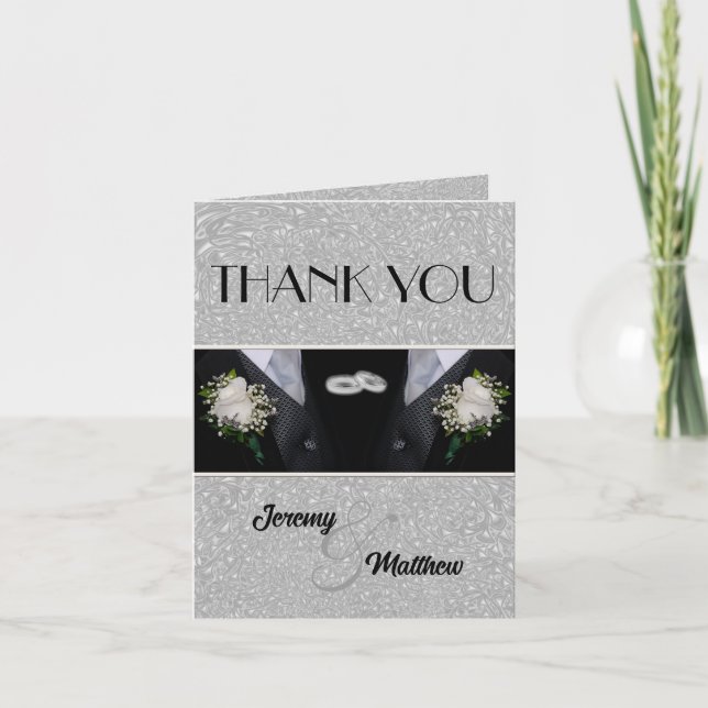 Two Grooms Wedding Tuxes Letterpress Thank You Card (Front)