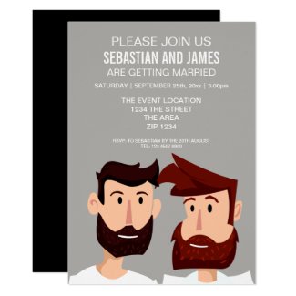 Two Grooms With Beards Cartoon Gay Wedding Themed Card