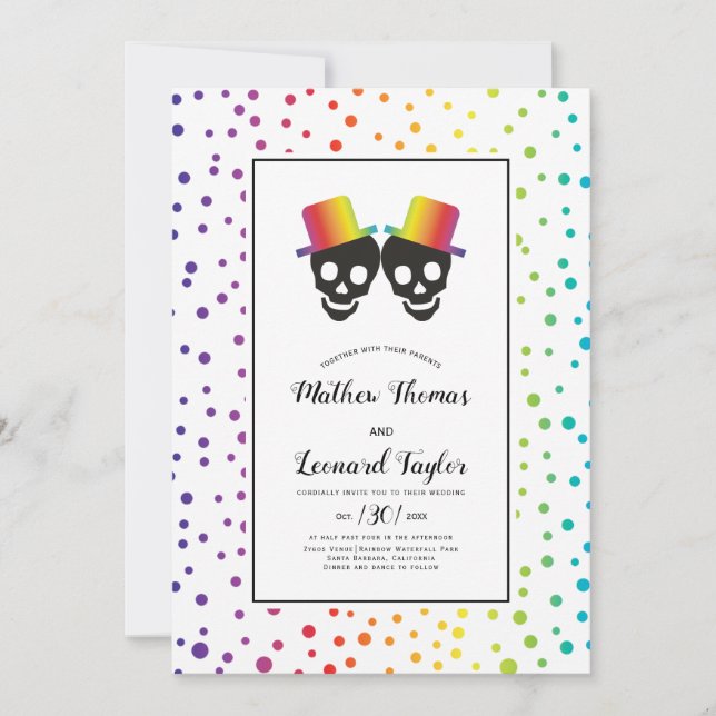 Two grooms with hats rainbow colors gay wedding invitation (Front)