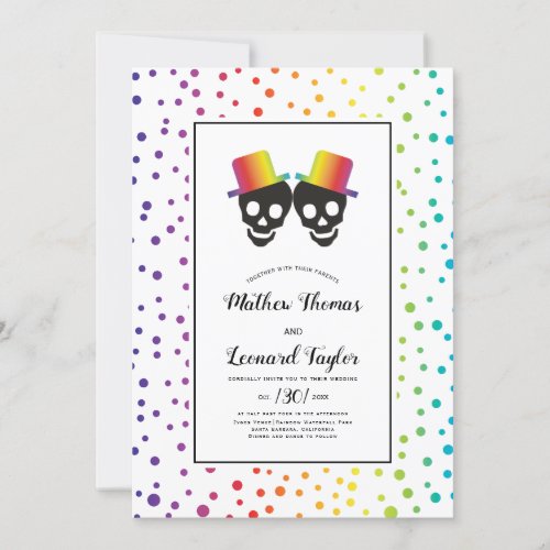 Two grooms with hats rainbow colors gay wedding invitation