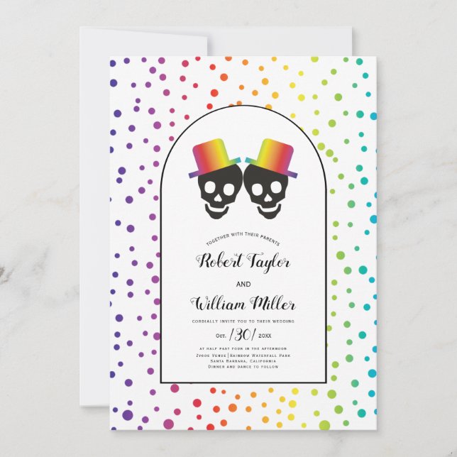 Two grooms with hats rainbow confetti gay wedding  invitation (Front)