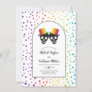 Two grooms with hats rainbow confetti gay wedding invitation